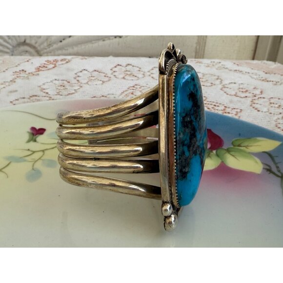 Vintage Ray Nez Heavy Large Blue Turquoise Sterling Cuff Bracelet - Picture 6 of 14